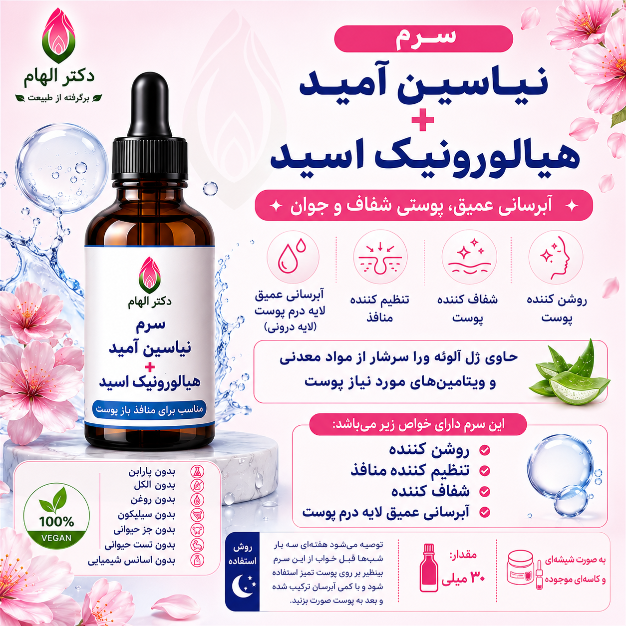 سرم نیاسین آمید-هیالورونیک اسید شیشه ای (نیاسین آمید5%-هیالورونیک اسید1%)
