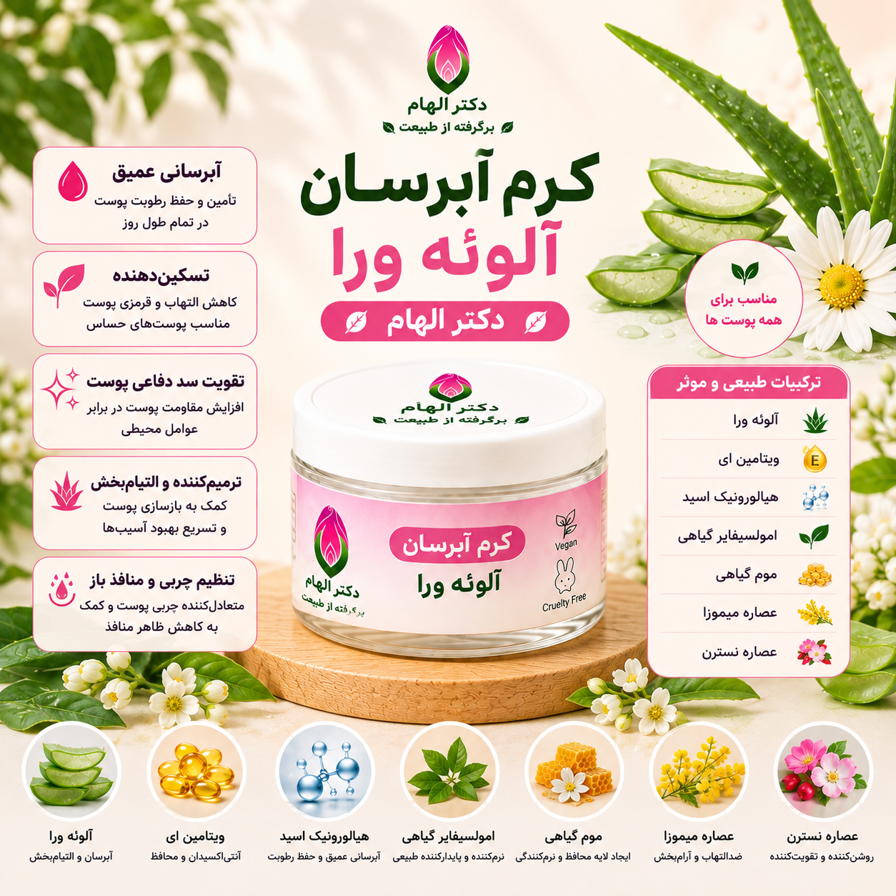 کرم مرطوب کننده و آبرسان آلوئه ورا (ترمیم کننده)دکتر الهام